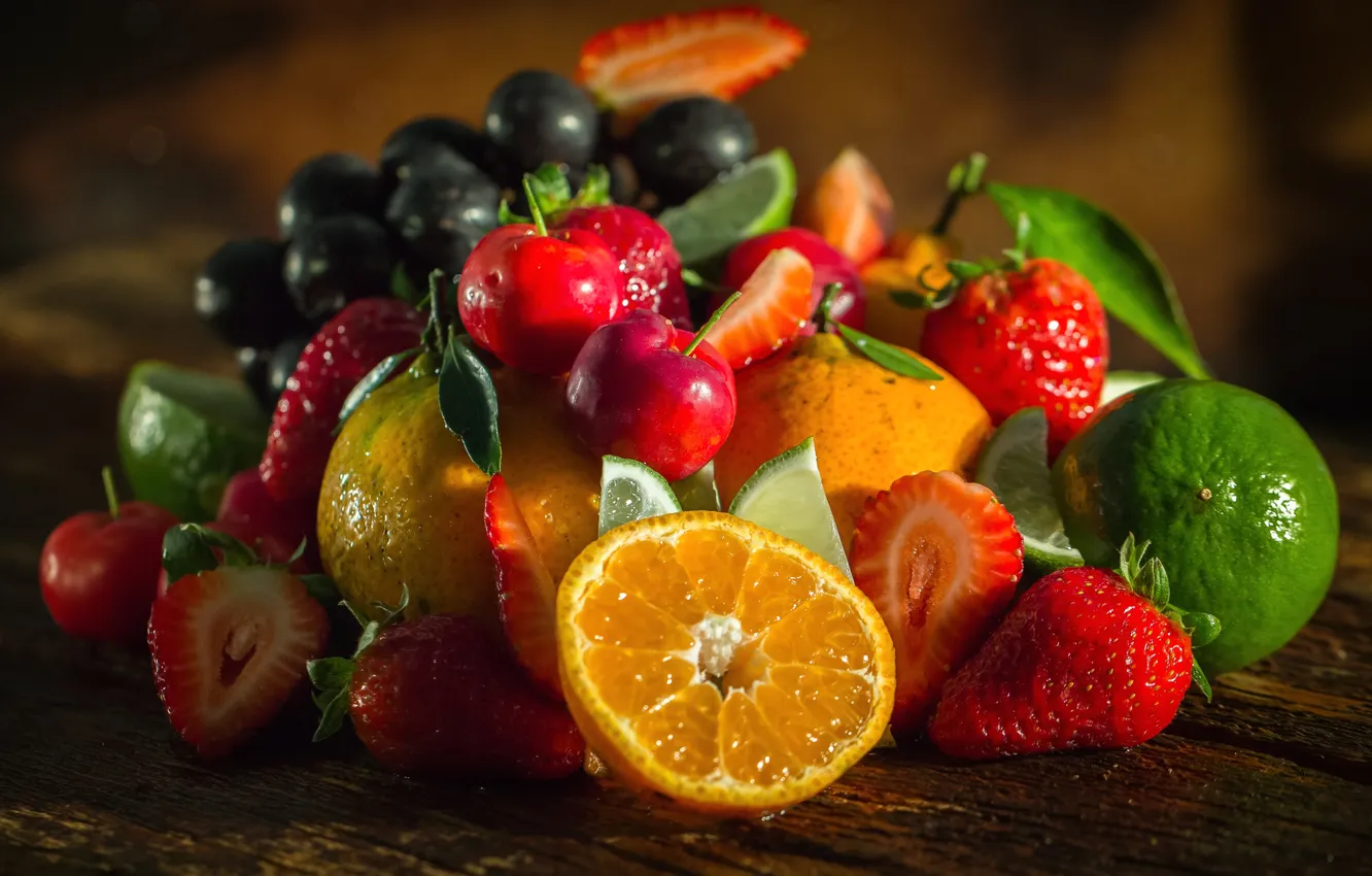 Фото обои апельсин, клубника, лайм, фрукты