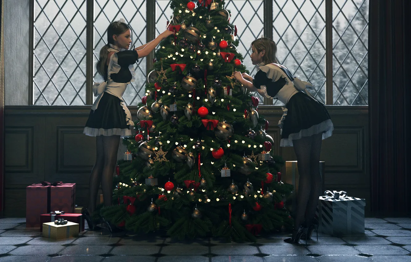 Фото обои две девушки, особняк, фартук, у окна, новогодние игрушки, горничные, подарки новогодние, наряжает елку