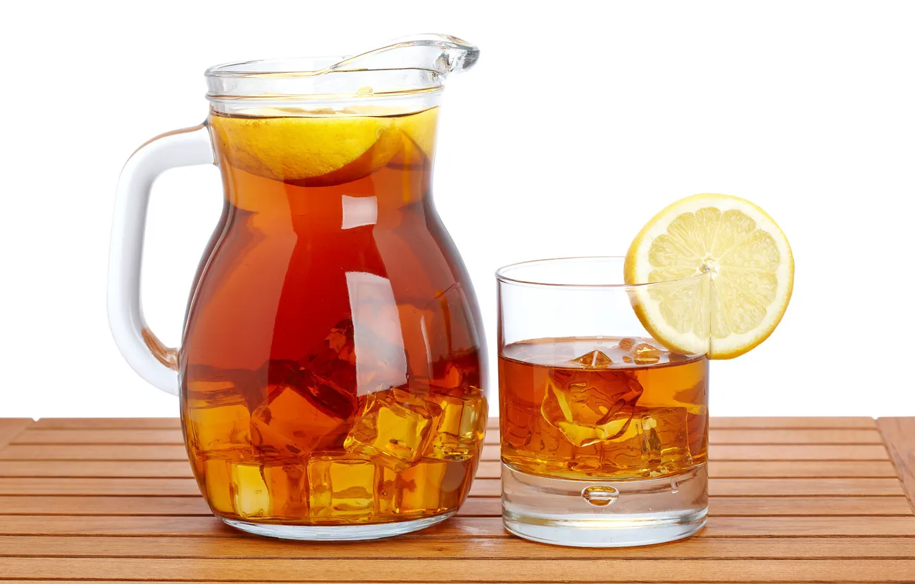Фото обои лед, стакан, лимон, чай, напиток, кувшин