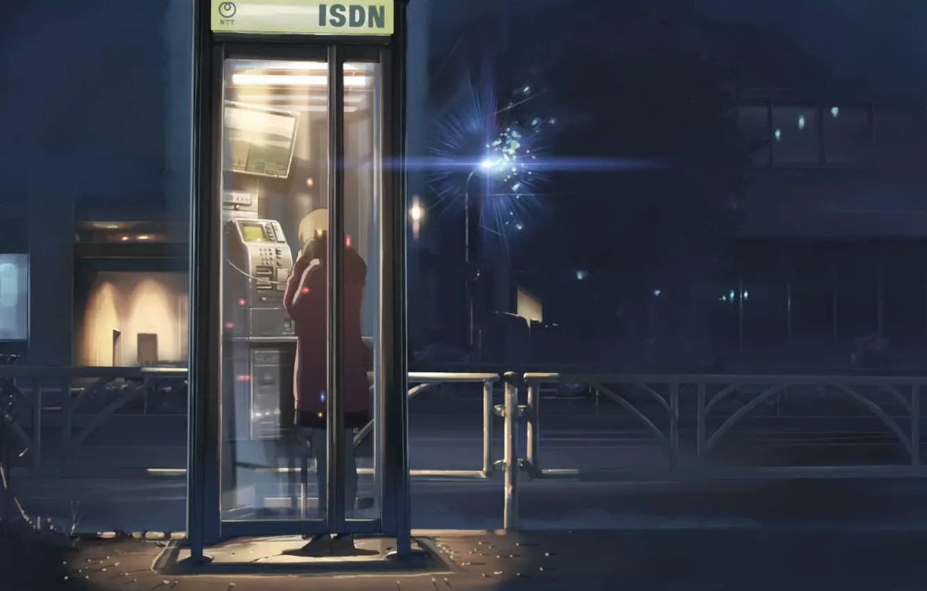 Фото обои ночь, улица, девочка, фонарь, 5 сантиметров в секунду, Макото Синкай, телефонная будка