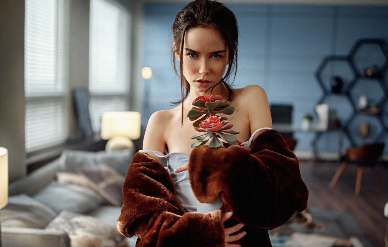 Фото обои цветок, девушка, портрет, брюнетка, красотка, суккулент, Георгий Чернядьев, Georgy Chernyadyev
