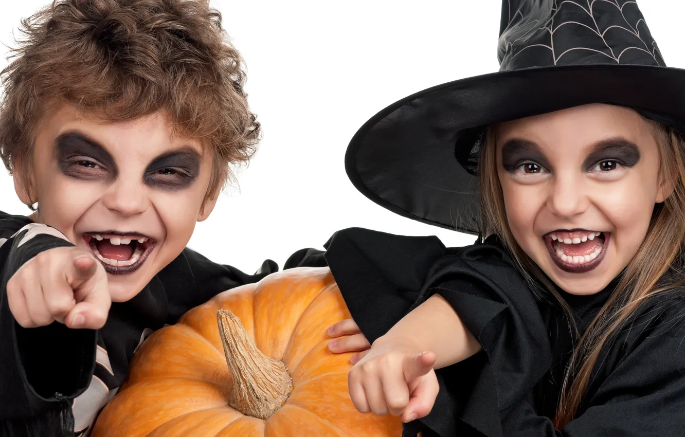 Фото обои дети, праздник, шляпа, тыква, хэллоуин