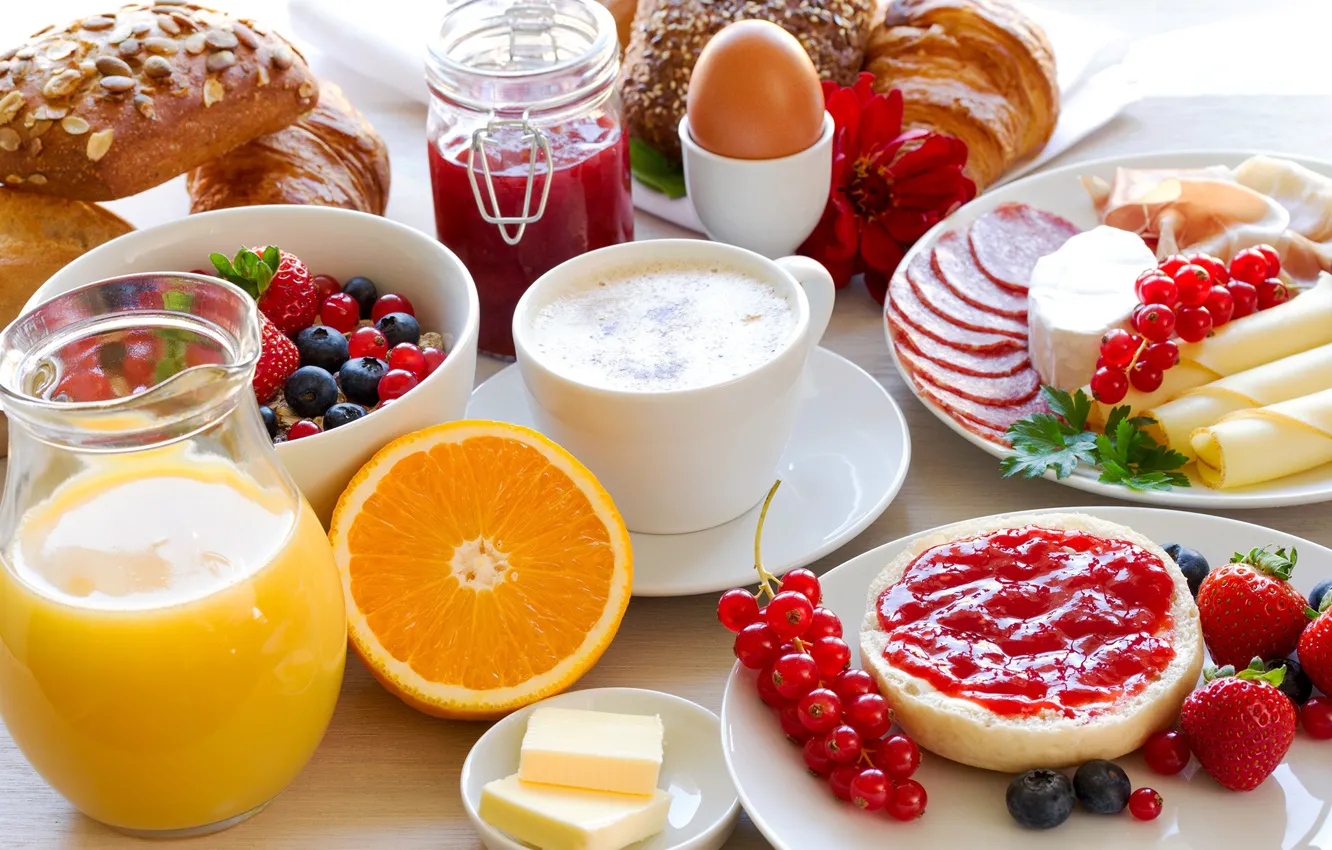 Фото обои ягоды, яйцо, кофе, апельсин, завтрак, сыр, клубника, сок