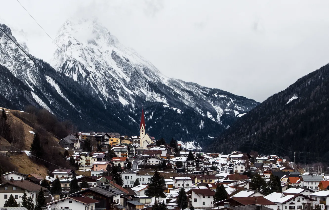 Фото обои зима, снег, горы, Австрия, деревня, церковь, Долина, линии электропередачи
