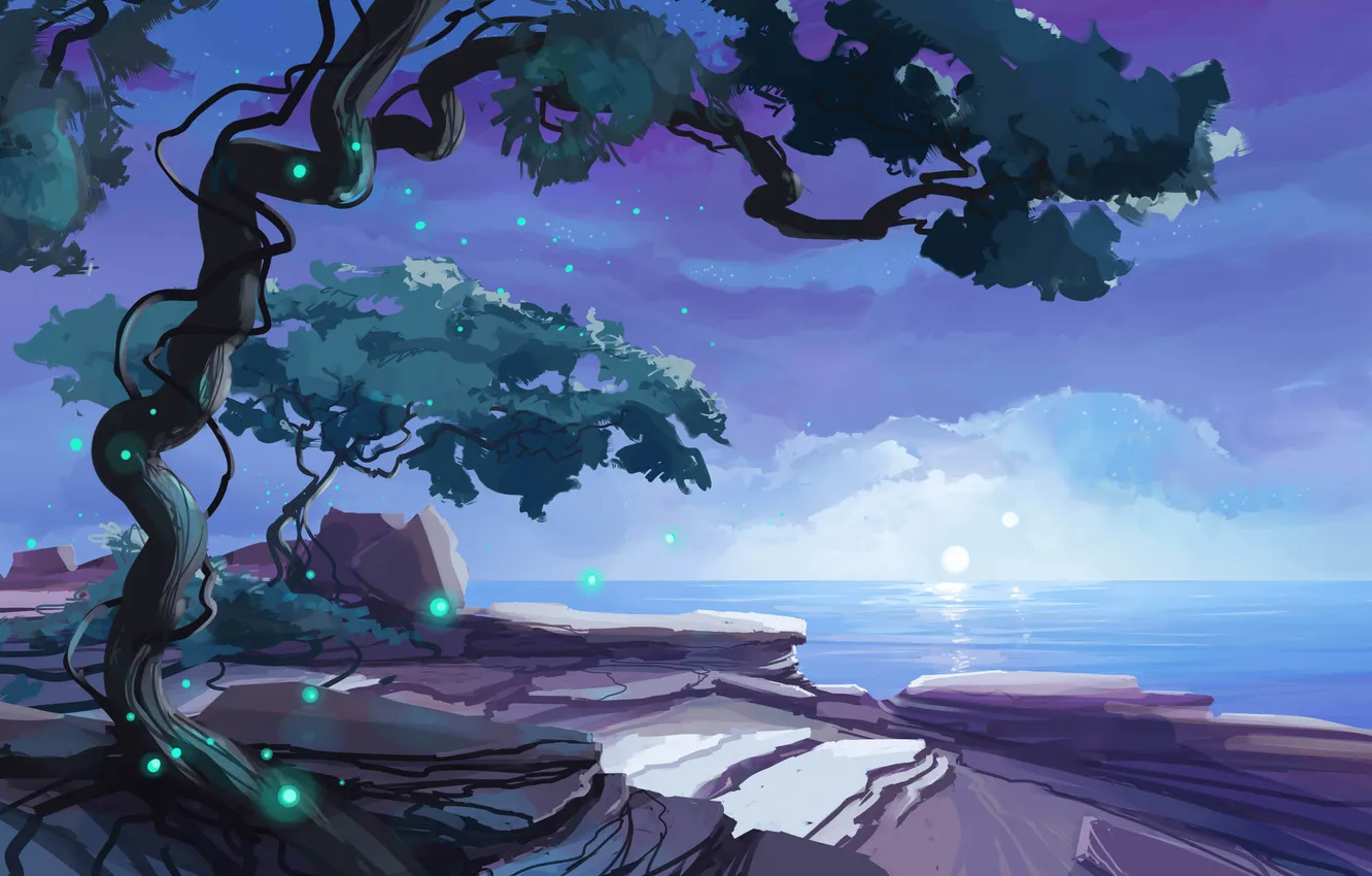 Фото обои море, ночь, дерево, луна, арт, нарисованный пейзаж