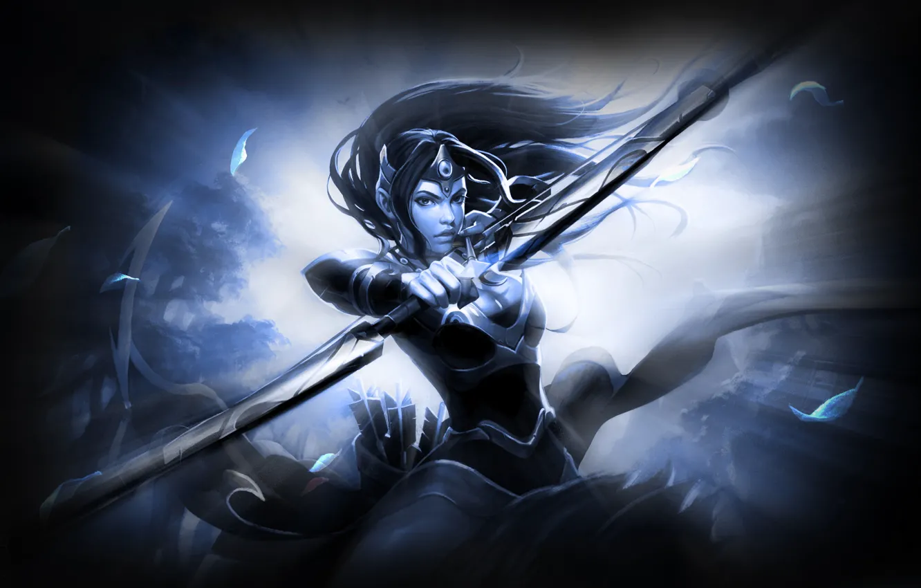Фото обои листья, девушка, свет, доспехи, выстрел, лук, DotA, Defense of the Ancients