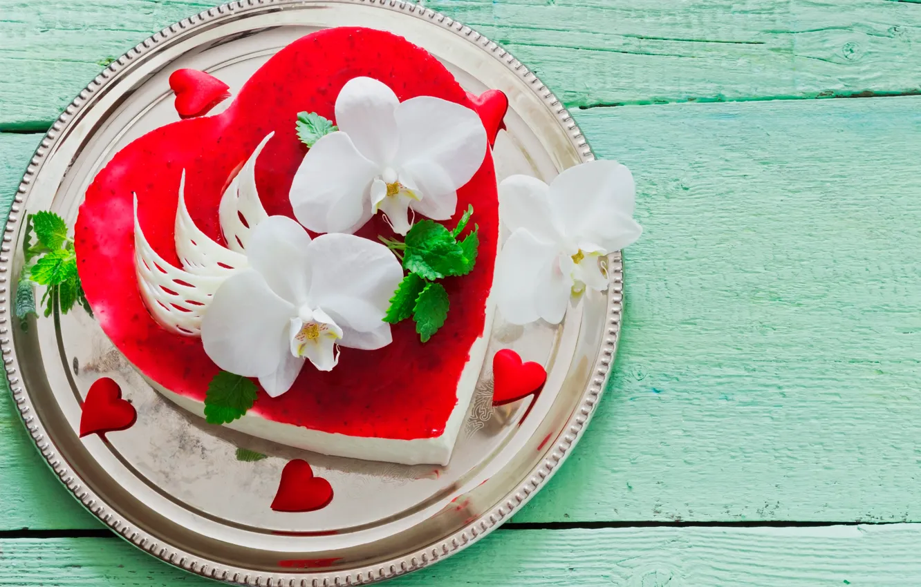Фото обои листья, цветы, красный, сердце, тарелка, сердечки, торт, белые