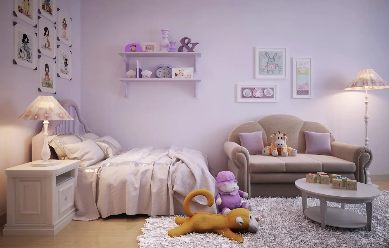 Фото обои комната, игрушки, кровать, картины, детская