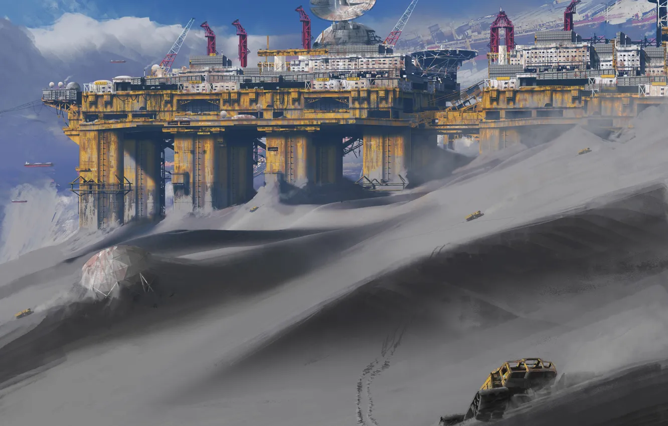 Фото обои транспорт, антенна, сооружения, пески, Industrial exo planet