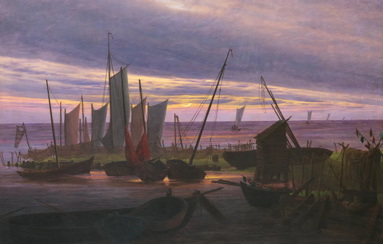 Фото обои картина, парус, морской пейзаж, Каспар Давид Фридрих, Лодки в Гавани Вечером