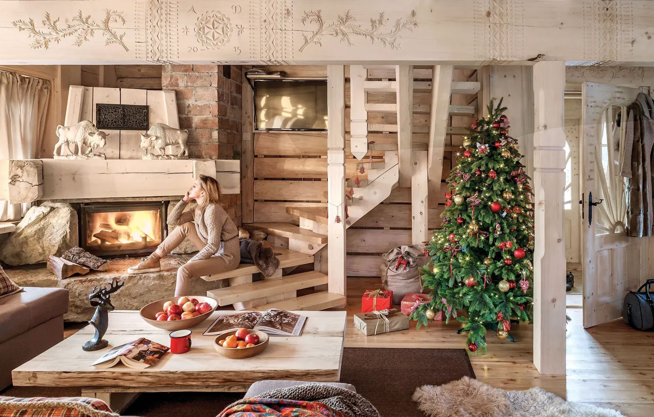 Фото обои девушка, елка, Рождество, подарки, Новый год, камин
