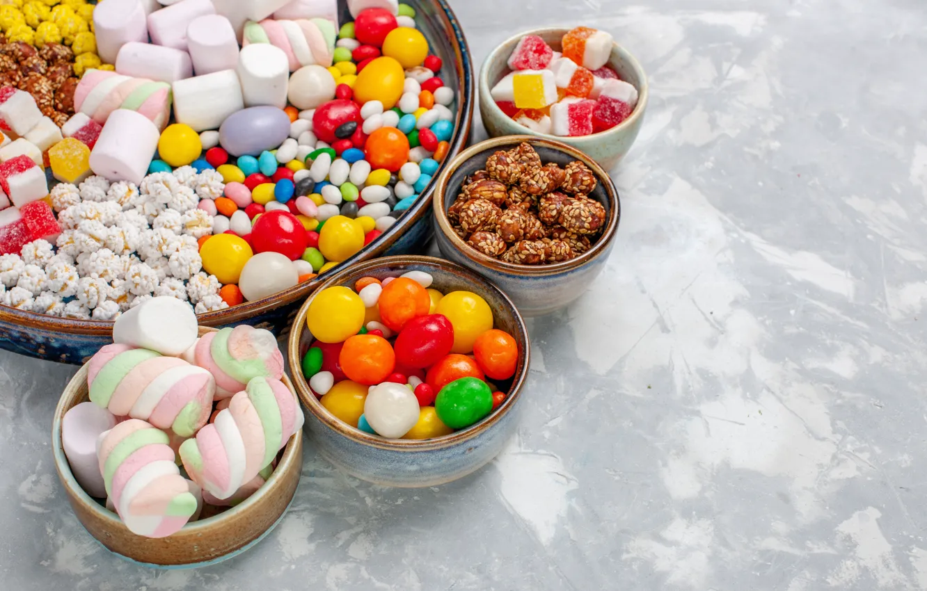 Фото обои конфеты, сладости, драже, маршмеллоу