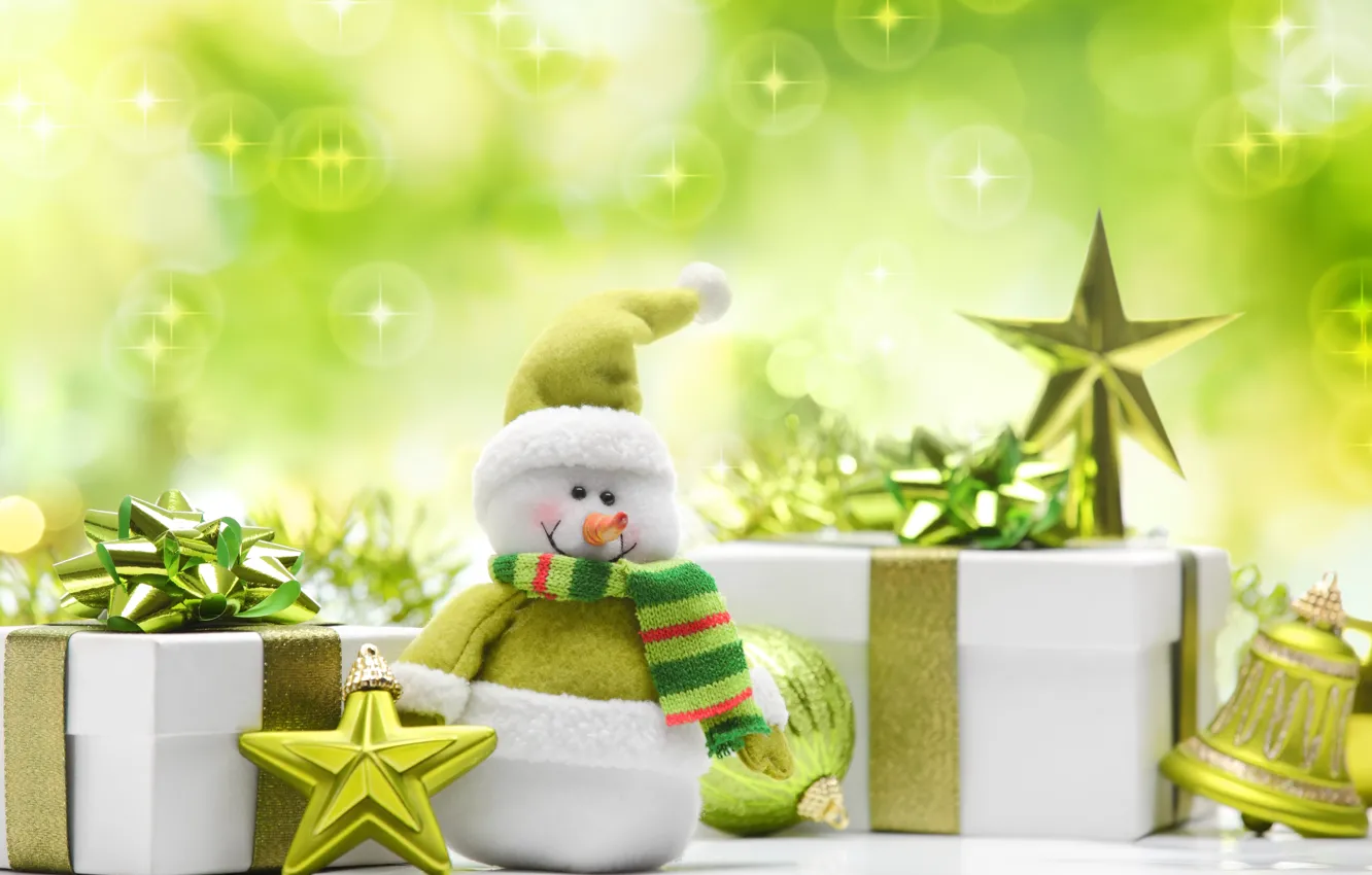 Фото обои звезды, шары, игрушки, Новый Год, зеленые, Рождество, подарки, снеговик
