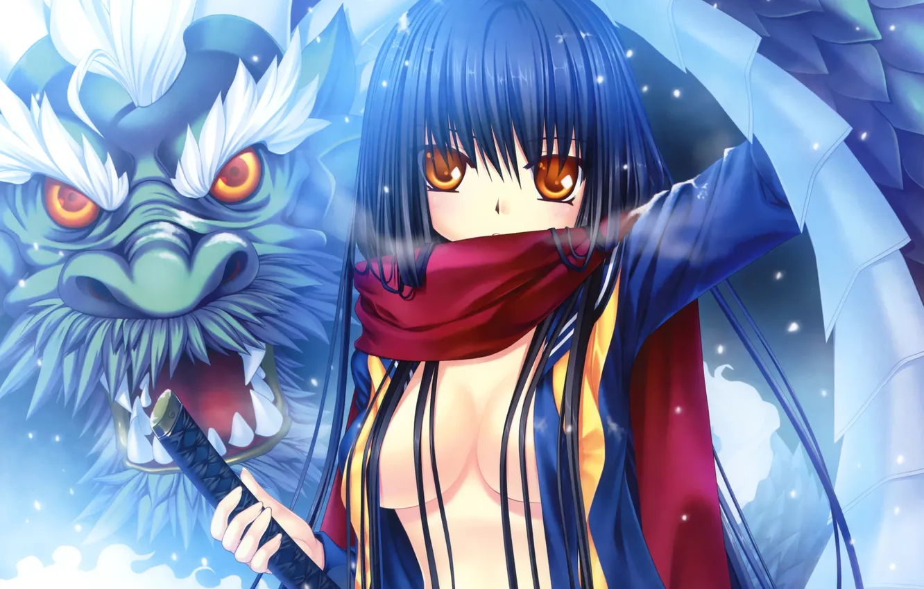 Фото обои зима, грудь, девушка, снег, оружие, дракон, катана, аниме