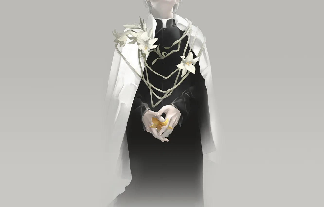 Фото обои лилии, арт, священник, белые цветы, желтая лилия