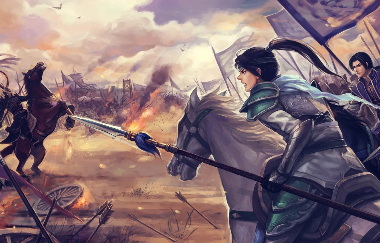 Фото обои девушка, огонь, кони, арт, копье, битва, поле боя, shin sangoku musou