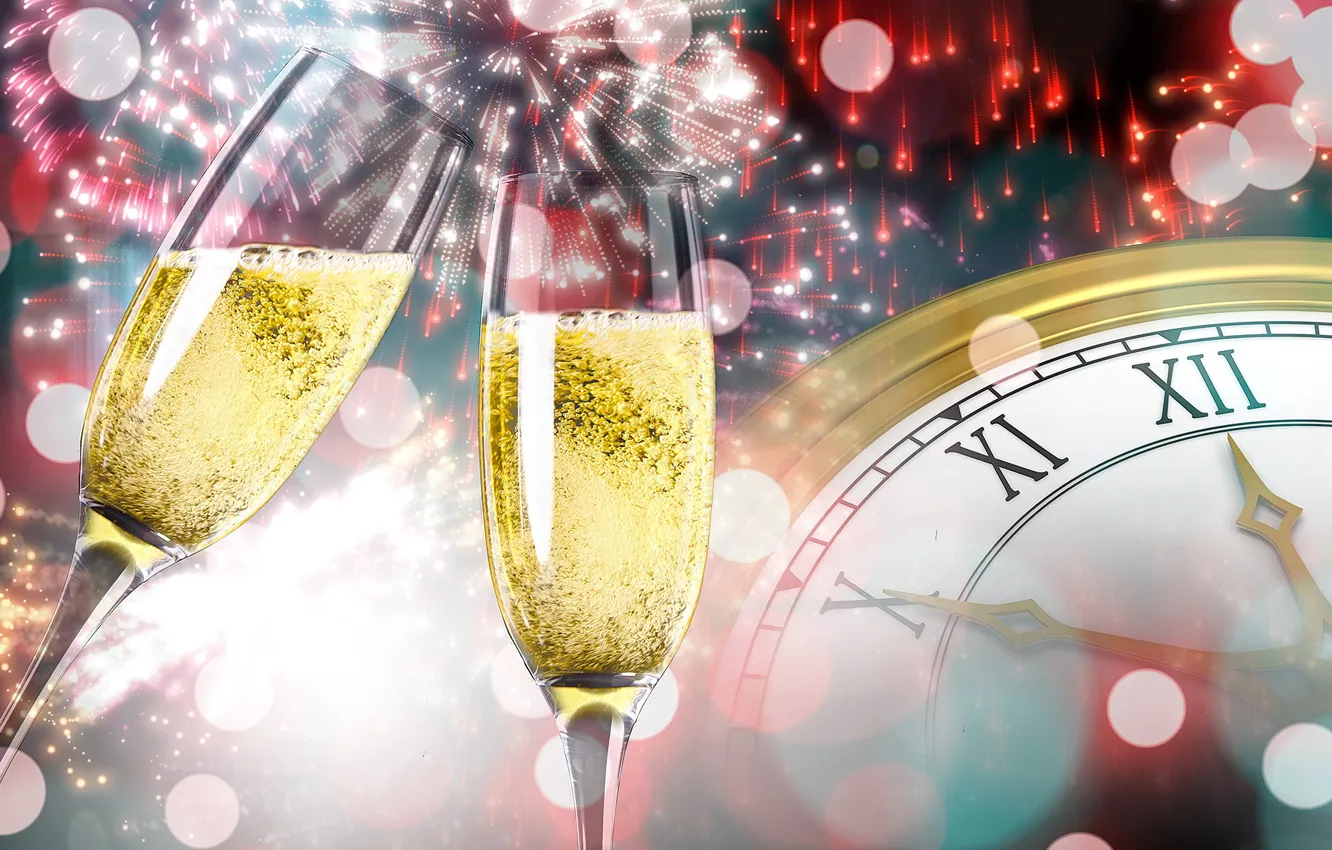 Фото обои часы, новый год, бокалы, фейерверк, шампанское, боке