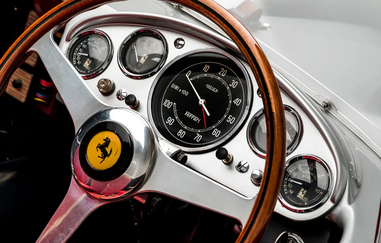 Фото обои Спидометр, Ferrari, Classic, Руль, 1957, Classic car, Sports car, Ferrari 625 TRC