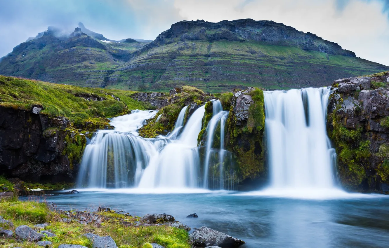 Фото обои горы, водопад, Исландия, Iceland, Kirkjufoss, Grundarfjordur, Грюндарфьёрдюр