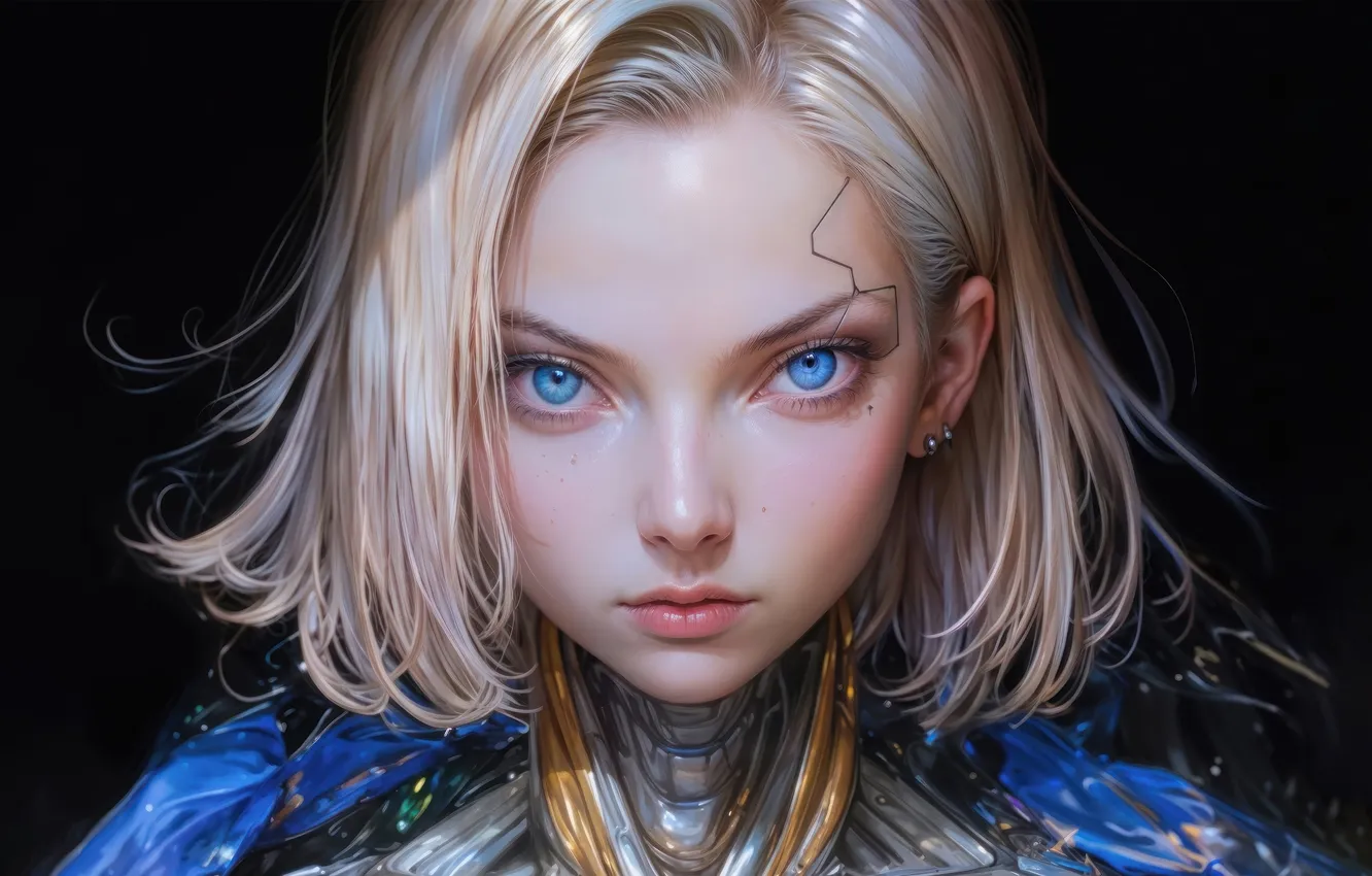 Фото обои Girl, Anime, Blonde, Black Background, Cyberpunk, Anime Girl, AI Art, Cyberpunk Girl