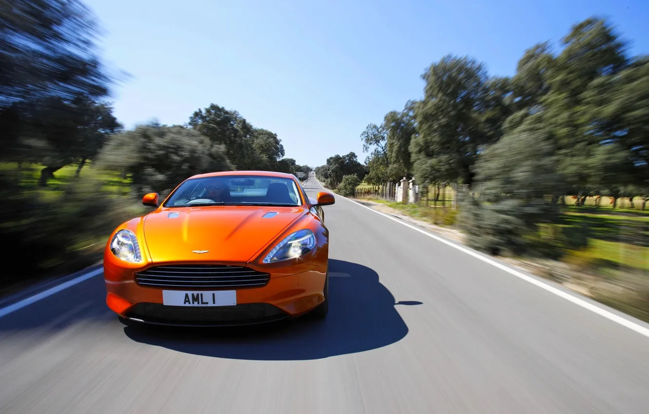 Фото обои Aston Martin, Авто, Дорога, Оранжевый, Передок, Спорткар, stratus
