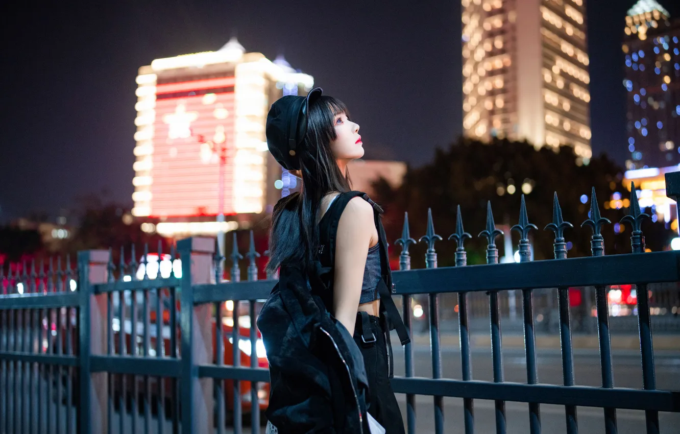 Фото обои Beautiful, Asian, Model, Lights, Night, Woman, Building, Road