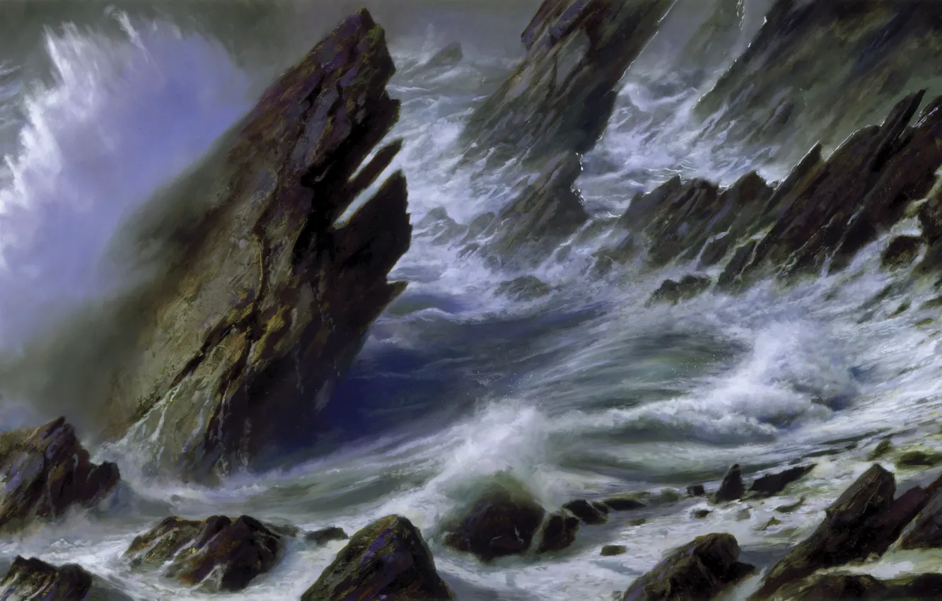 Фото обои море, волны, шторм, скалы, берег, картина, Donato Giancola