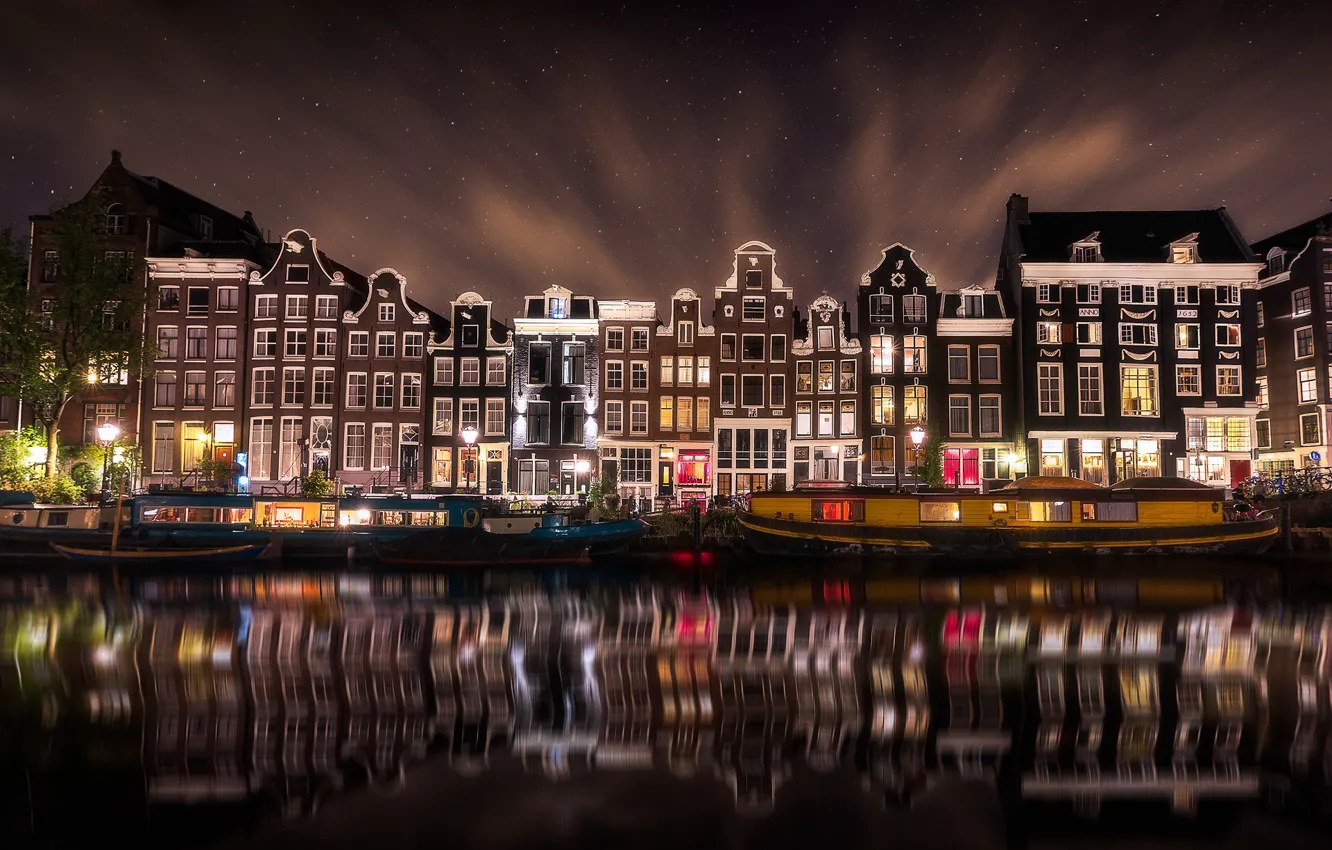 Фото обои ночь, город, огни, Амстердам, Нидерланды