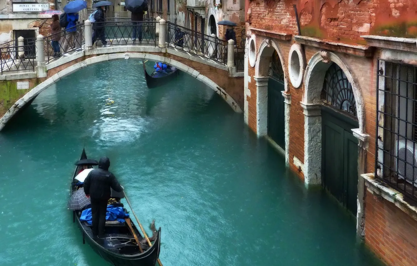 Фото обои Venezia, street, гондолы, Venice, bridge, дождь, канал, Italia