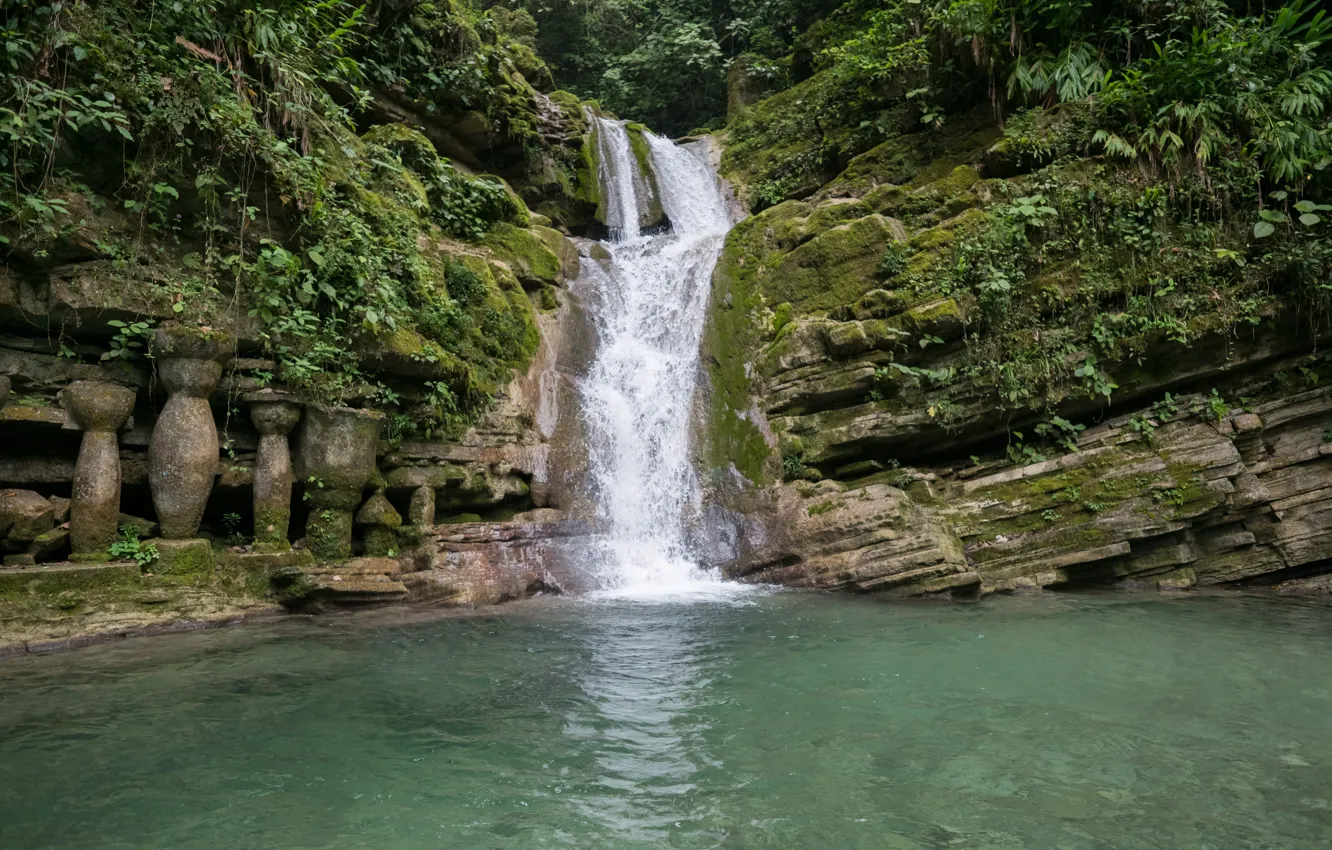 Фото обои Водопад, Руины, Джунгли, Jungle, Nature, Waterfall, Ruins