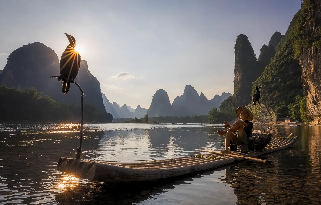 Фото обои горы, озеро, птица, лодка, человек, Китай
