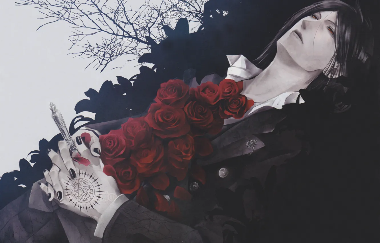 Фото обои розы, нож, красные глаза, пентаграмма, алые, скорбь, Kuroshitsuji, Sebastian Michaelis