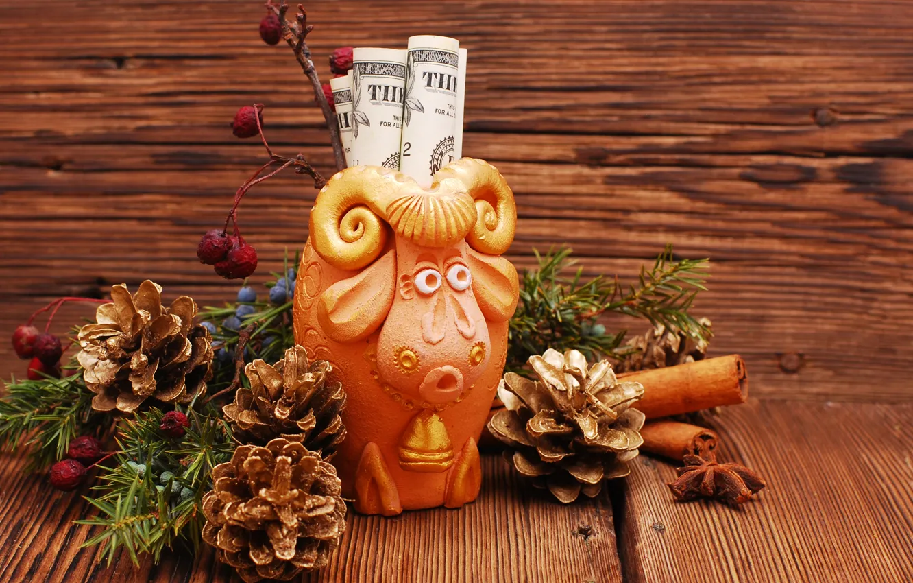 Фото обои Новый Год, symbol, New Year, money, dollar, sheep, decoration, 2015