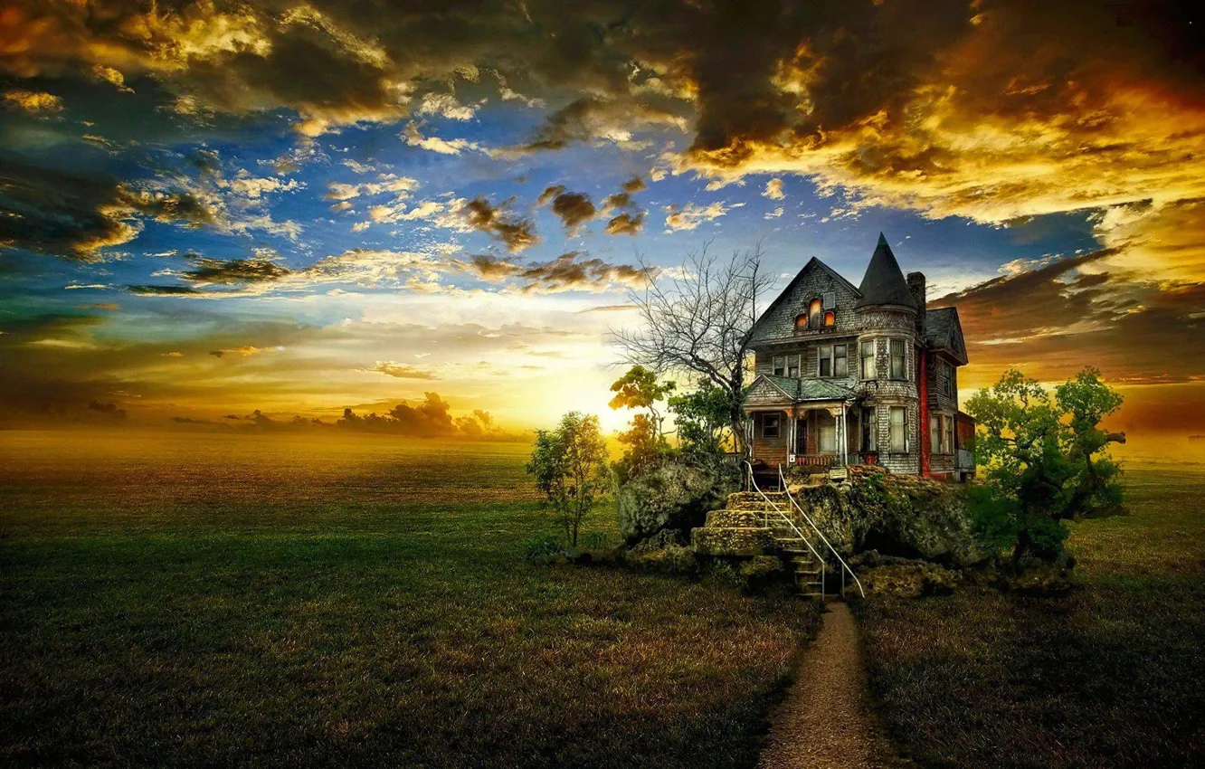 Фото обои поле, дом, вечер, mystic house