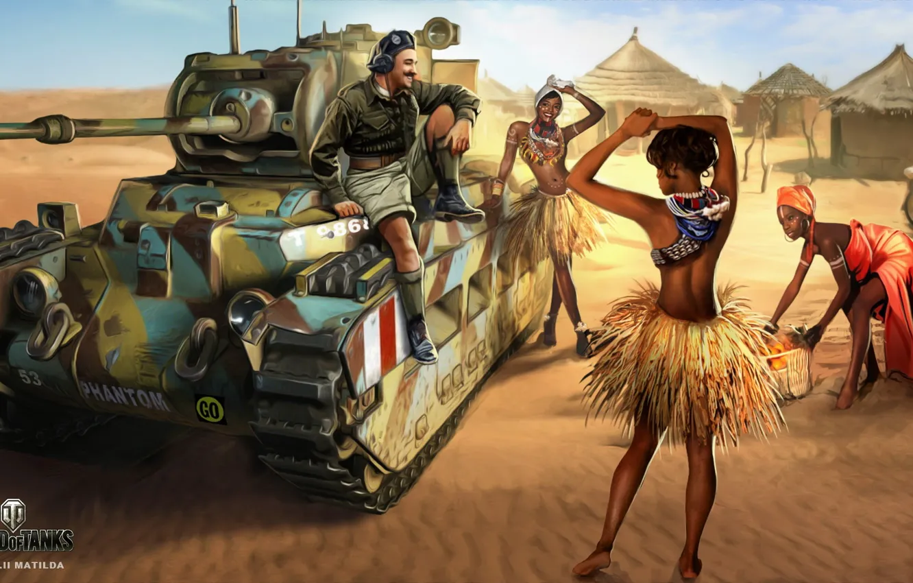 Фото обои песок, девушки, пустыня, рисунок, арт, хижины, танк, британский