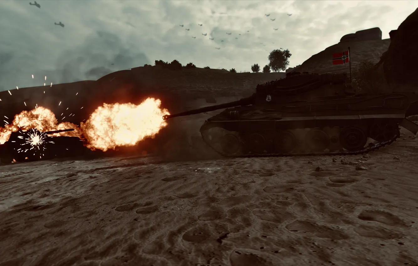 Фото обои HDR, Fire, Tiger, Shooting, Beach, Tank, World of Tanks, Tiger 2