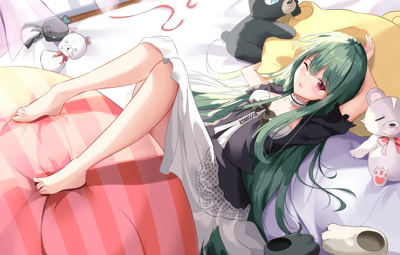 Фото обои девушка, игрушка, мишка, пуфик, Yuna, Kuma Kuma Kuma Bear