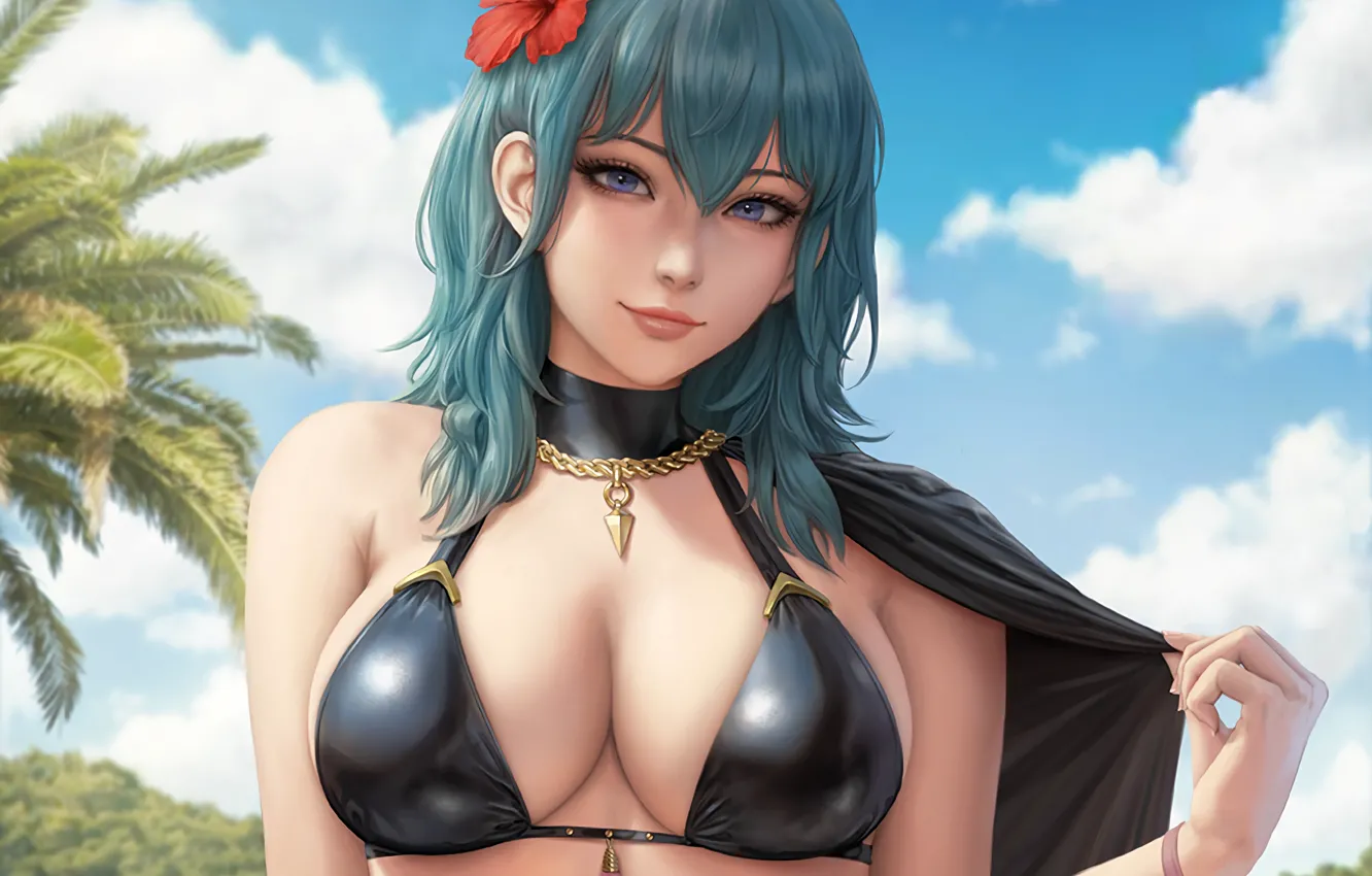 Фото обои girl, summer, sexy, cleavage, long hair, boobs, anime, beautiful