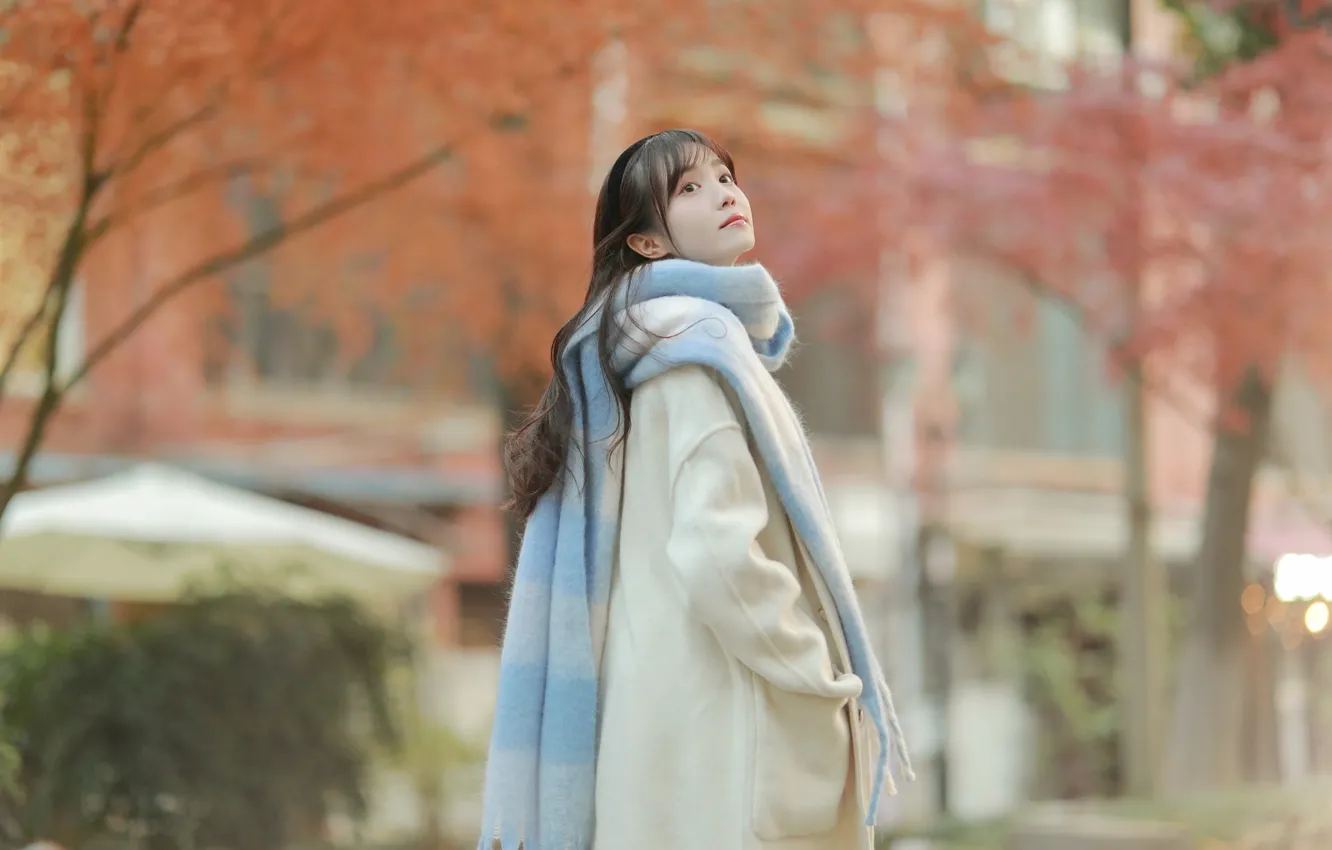 Фото обои Asian, Model, Flower, Winter, pretty, Woman, Scarf, Outdoor