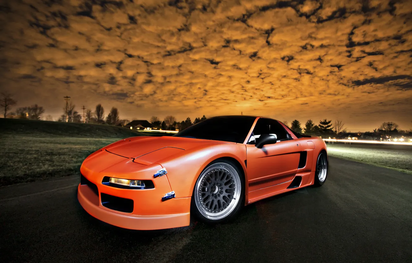 Фото обои облака, закат, оранжевая, Honda, хонда, orange, акура, Acura