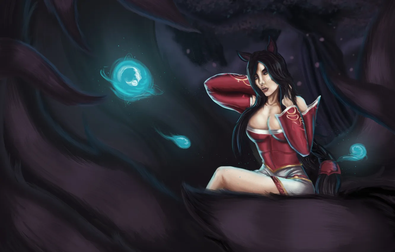 Фото обои магия, лиса, хвосты, ahri, league fo legends