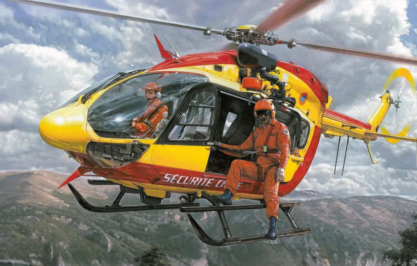 Фото обои art, helicopter, painting, aviation, Eurocopter EC 145 &ampquot;Sécurité civile&ampquot;
