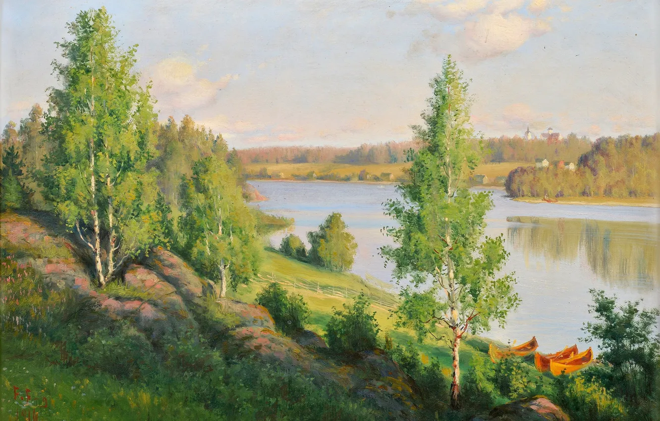 Фото обои деревья, река, лодки, Felix Pahlama
