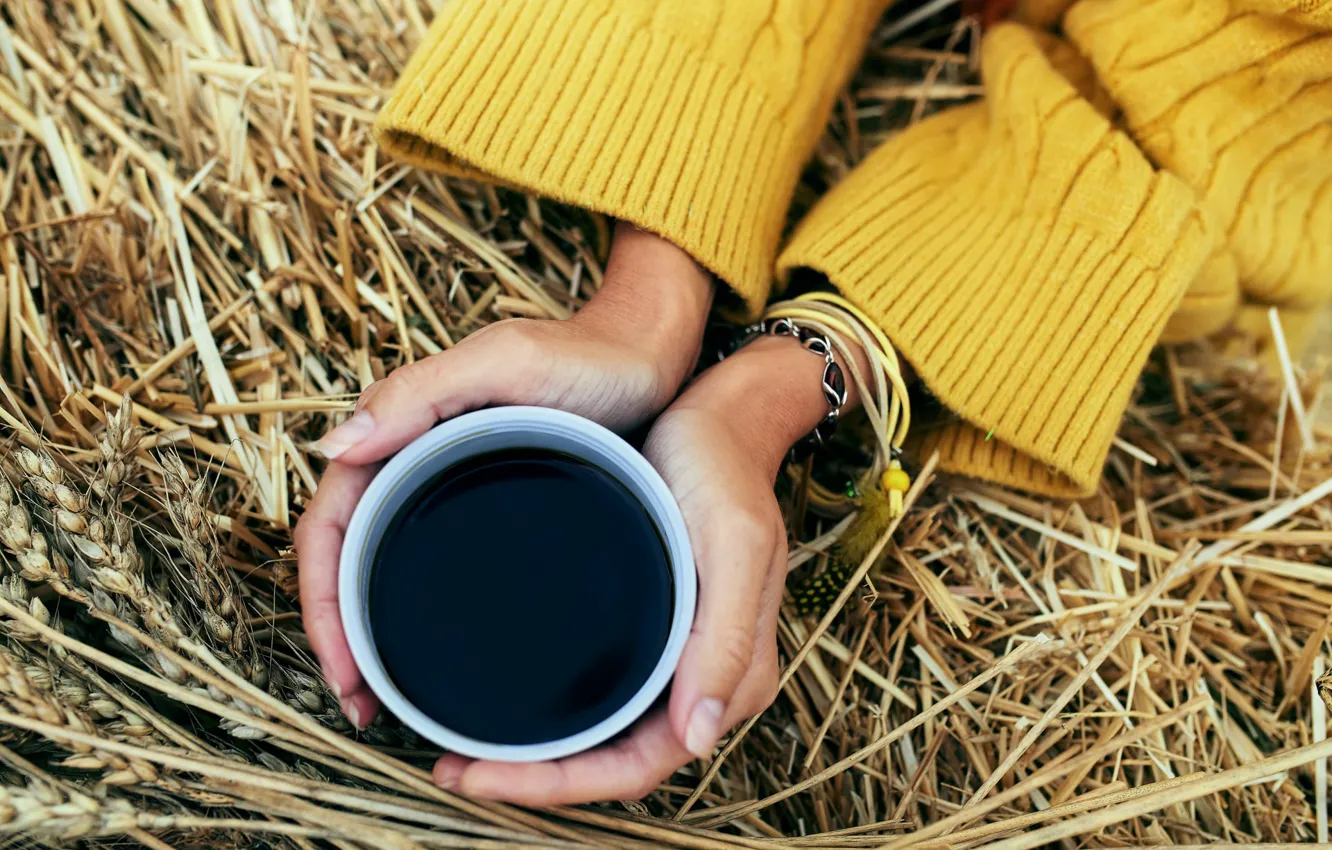 Фото обои осень, кофе, руки, сено, чашка, свитер