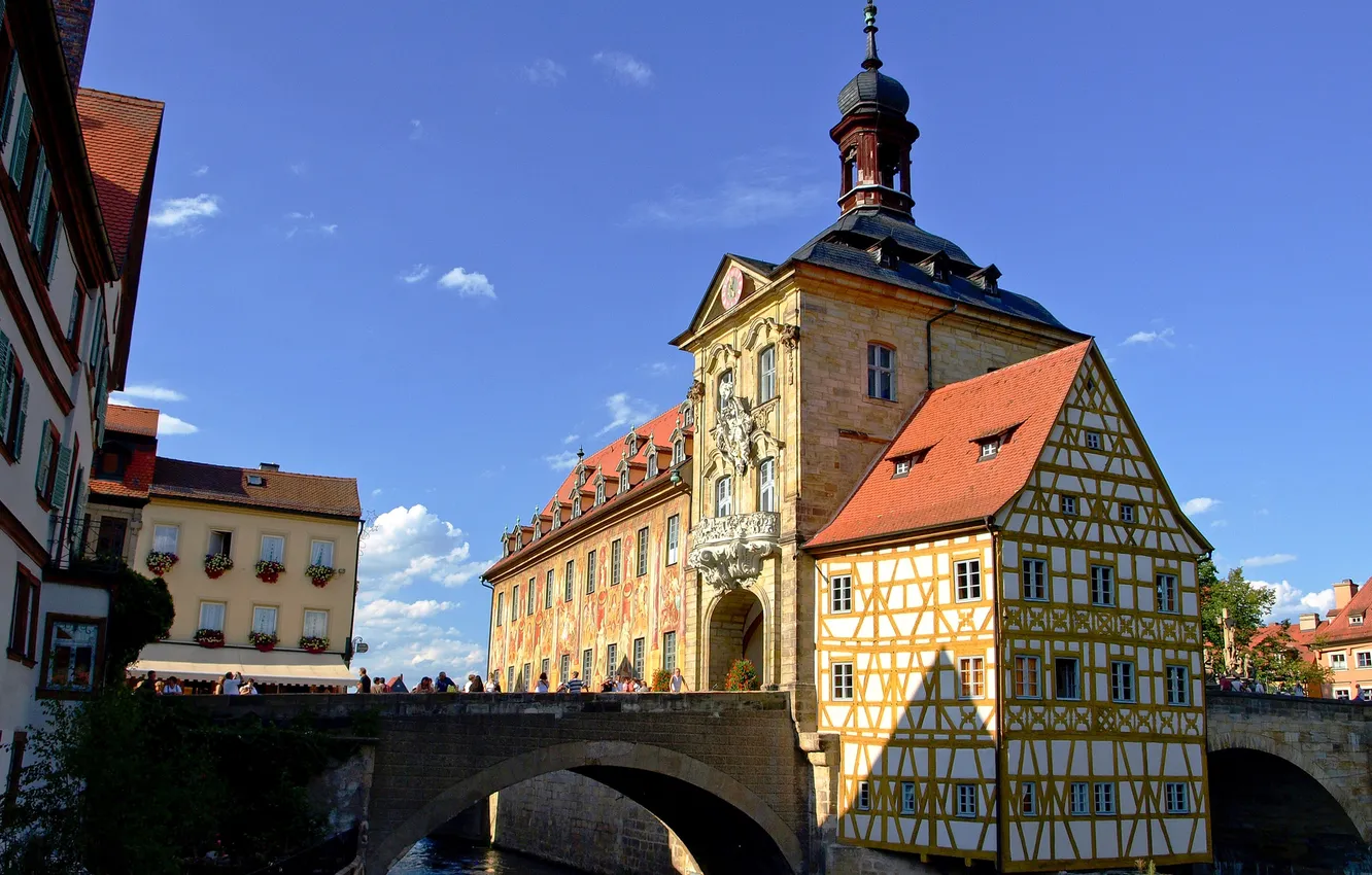 Фото обои мост, река, Германия, Бамберг, старая ратуша