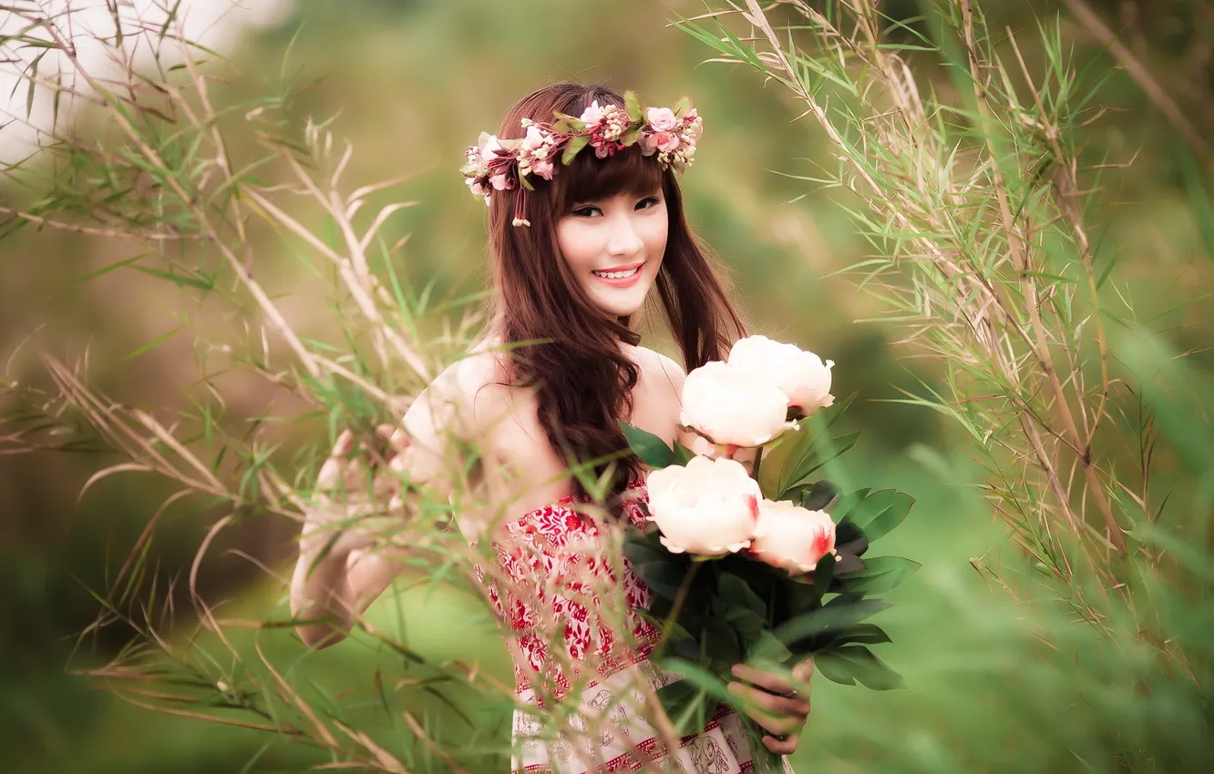 Фото обои лето, девушка, цветы, азиатка