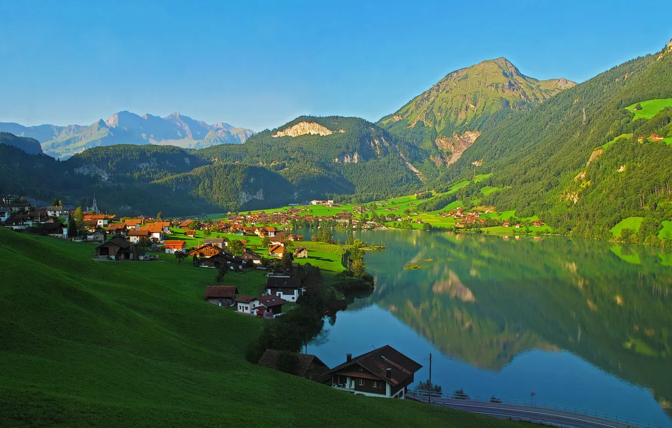 Фото обои пейзаж, горы, город, Швейцария, Lungern