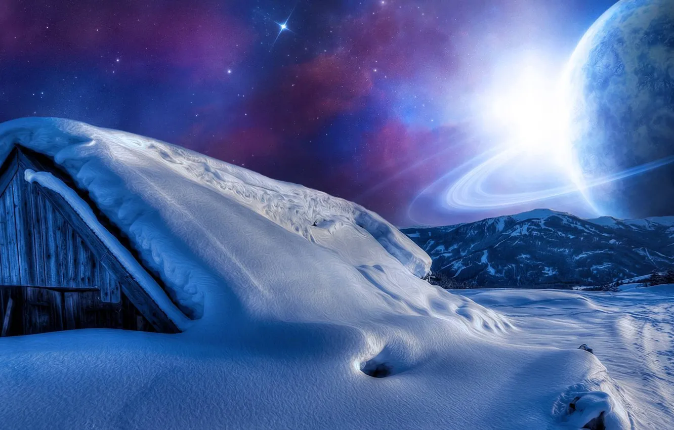 Фото обои небо, снег, горы, ночь, звезда, планета, Дом