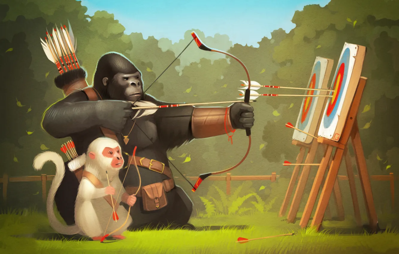 Фото обои лес, лук, арт, обезьяна, горилла, стрелы, лучник, тренировка