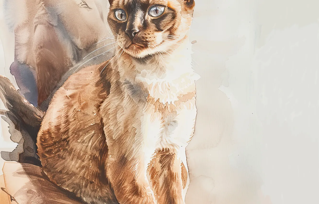 Фото обои Взгляд, Кошка, Усы, Кот, Морда, Арт, Цифровое искусство, Сиамская